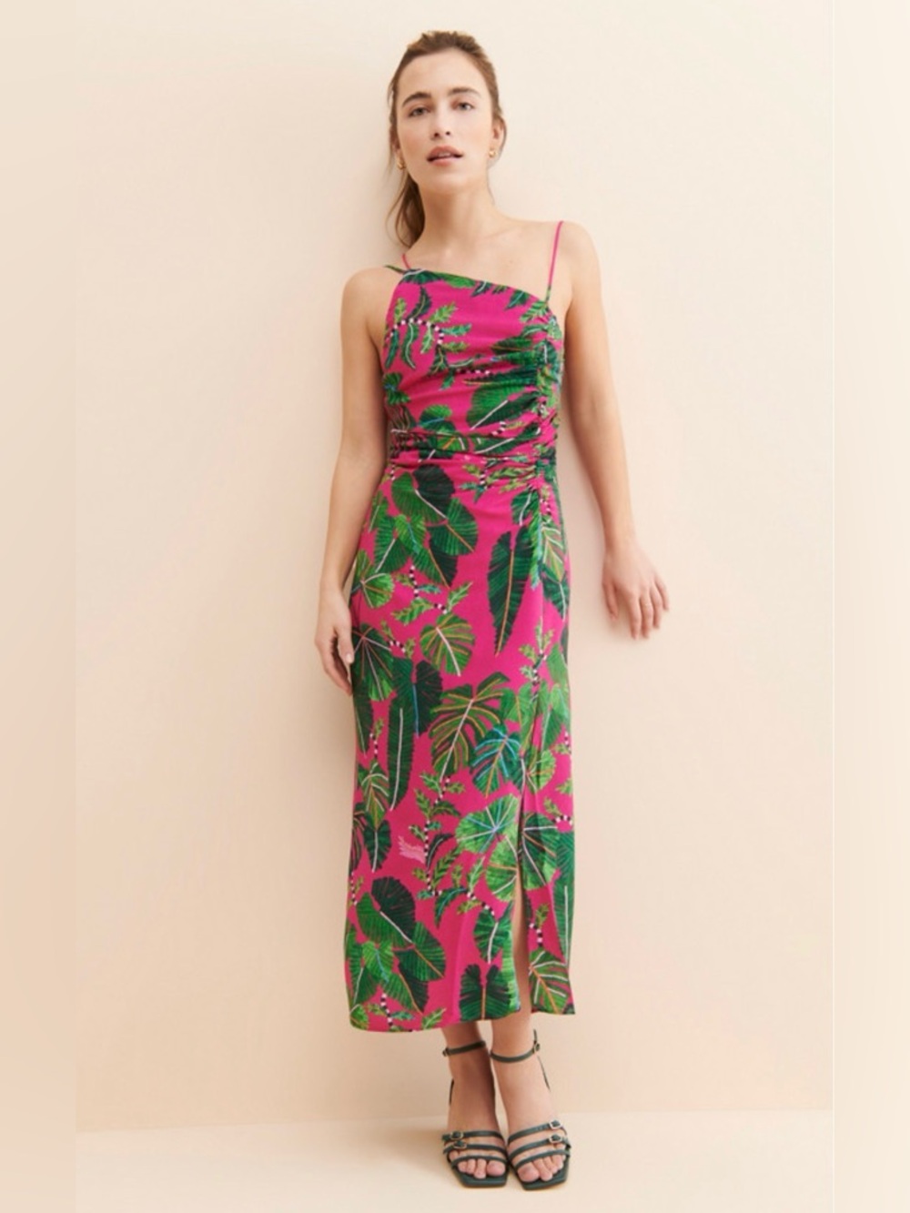FARM Rio Pink Tropical Leaf Spaghetti-Strap Maxi Dress